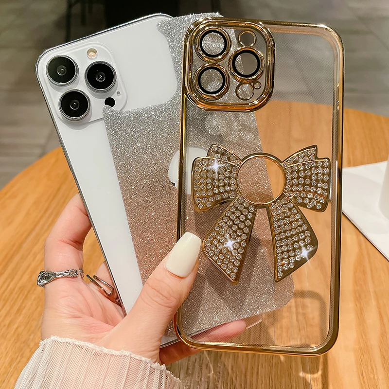 Flash Diamond Glitter Bow Case for iPhone Luxury Fashion Quakeproof Cover 16 15 14 Plus 13 Pro Max 12 Pro 11 Pro Max