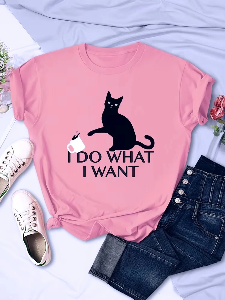 تي شيرت نسائي على شكل قطة سوداء أفعل ما أريده تي شيرت نسائي أنيق إبداعي بأكمام قصيرة عتيق ملابس نسائية غير رسمية قابلة للتنفس