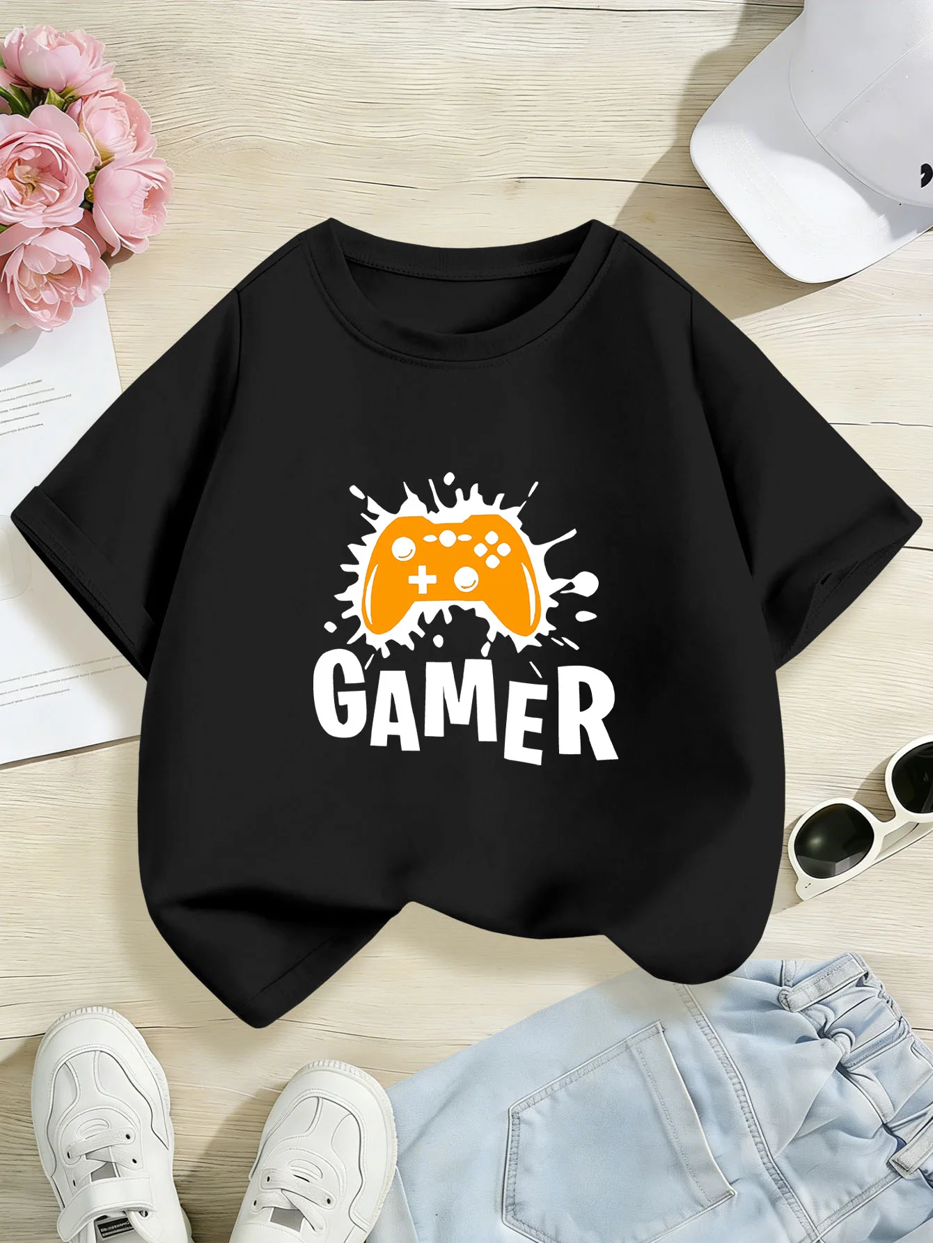 Cute Gamer Game Controller Splash Print Kids Tee Boys Girls Family Matching Cotton Crew Neck Short Sleeve Soft Summer Tee