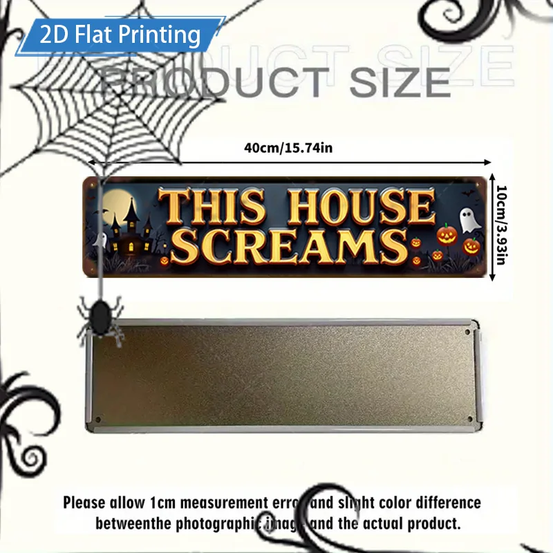 1 Stück 10,2 x 40,6 cm großes Metallschild „This House Screams“-Schild, 2D-Flachdruck, gruseliges Kürbis-Fledermaus-Dekor