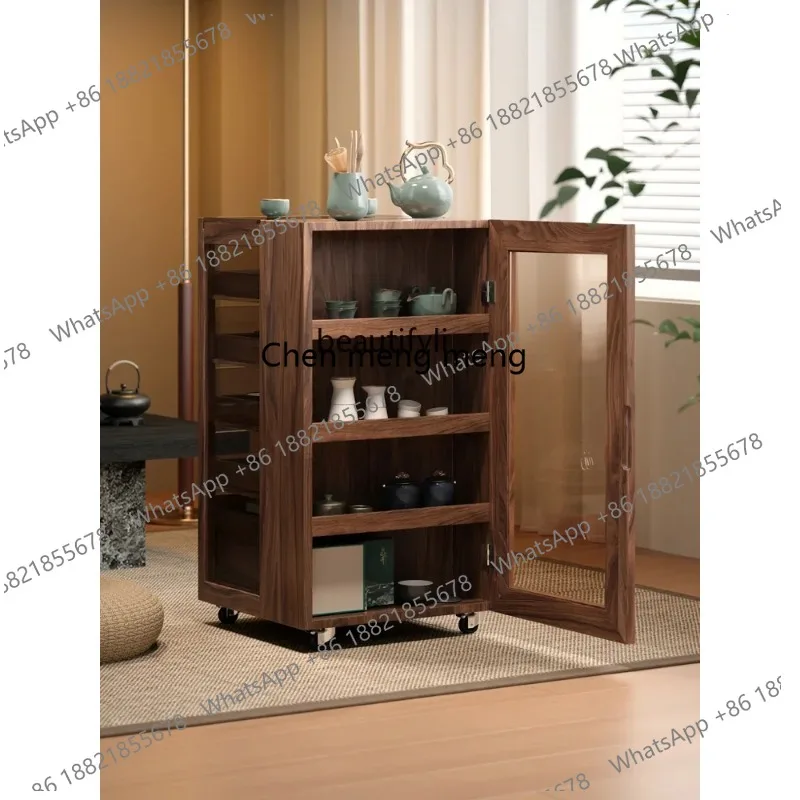 s8617 طقم شاي من الخشب الصلب خزانة عرض خزانة جانبية متحركة طاولة شاي من خشب الجوز الأسود خزانة شاي #5