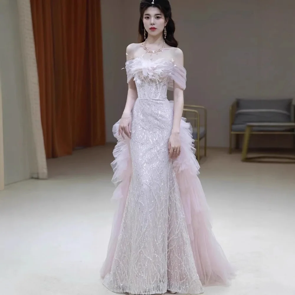 

Розовое вечернее платье на одно плечо для помолвки, женское модное платье с завышенной талией, А-силуэт, нежное свадебное платье