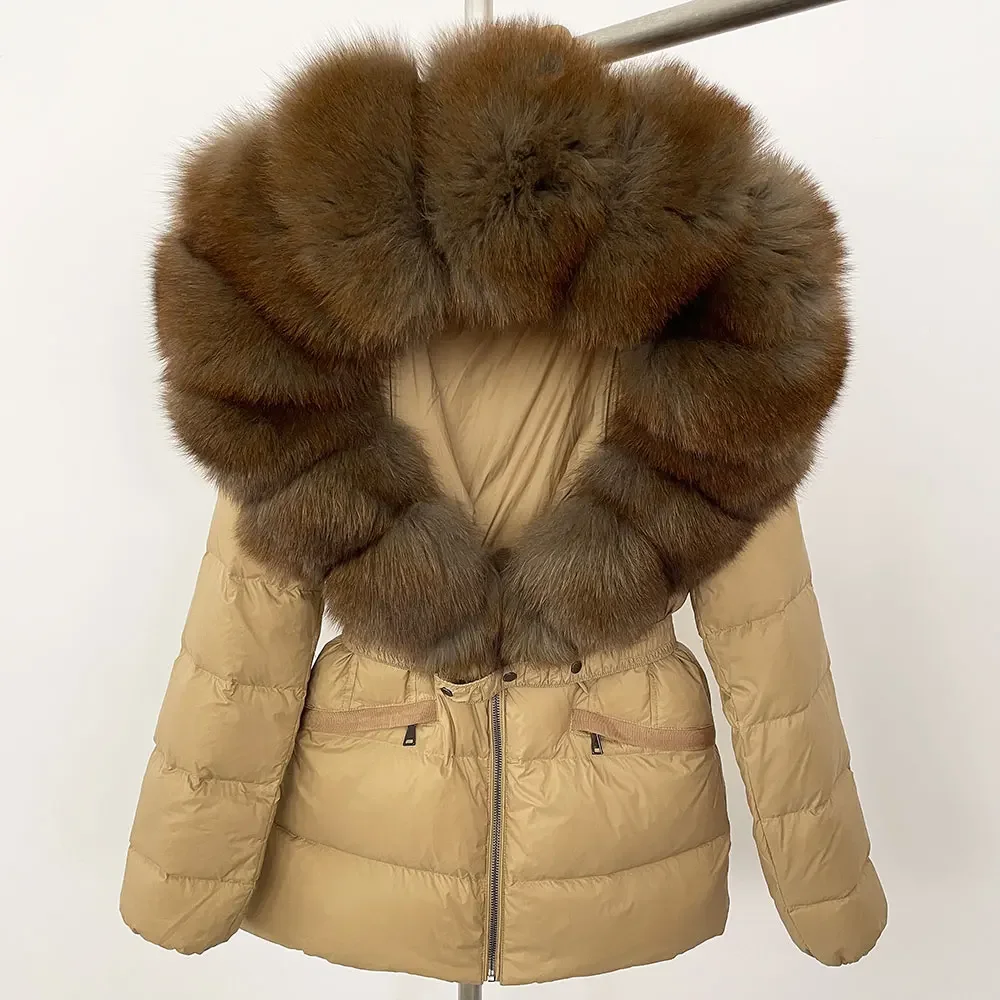 2024 Winter Jacket Women Natural Real Raccoon Fox Fur Collar Hooded White Duck Down Coat Belt Thick Warm Casual Outerwear