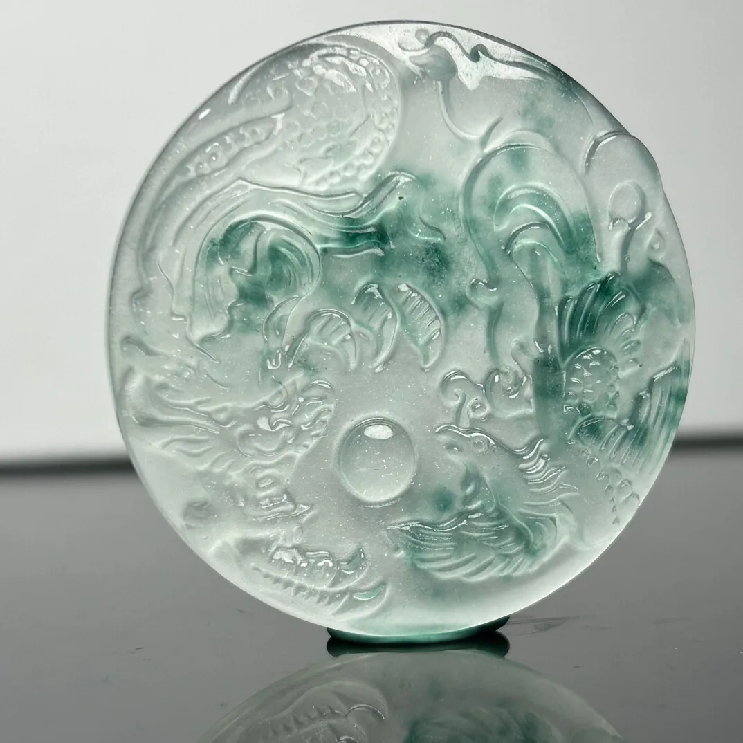 Certified Natural ice White jade Jadeite Carved Dragon&phoenix Pendant&Necklaces view 3