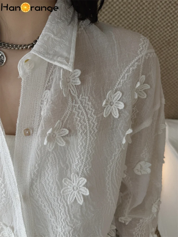 HanOrange 2026 Spring Simple Fashion 3D Flowers Micro Transparent Cardigan Shirt Women Loose Silhouette Top White