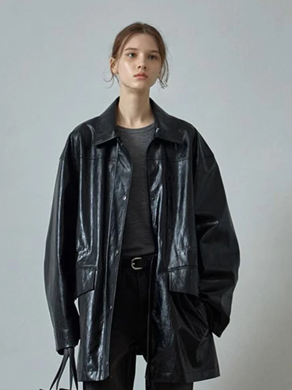 Cappotto in Pelle di Media Lunghezza per Donna, Nuovo Stile Autunno Inverno, Vestibilità Comoda, Maniche Lunghe, Colletto Quadrato, Materiale PU