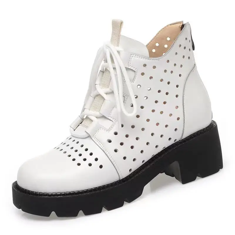 Women Genuine Leather Lace Up Ankle Cool Boots Spring Summer Thick Sole Block Heel Round toe Hollow Out High Top Casual Boot