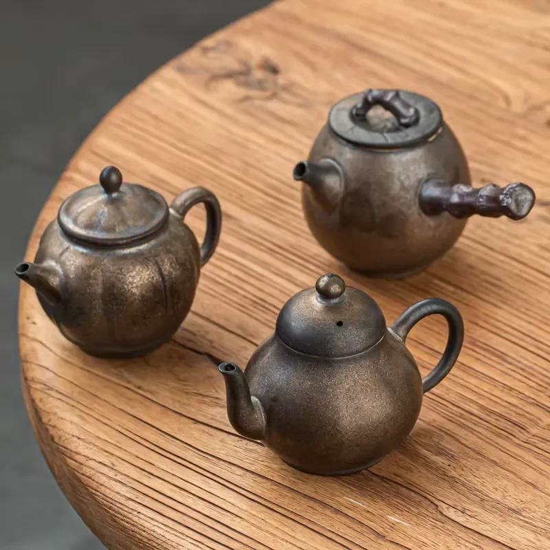 Handmade Coarse Pottery Kung Fu Tea Set Retro Ceramic Xishi Teapot Gold Plated Traditional Chinese Tea Ware