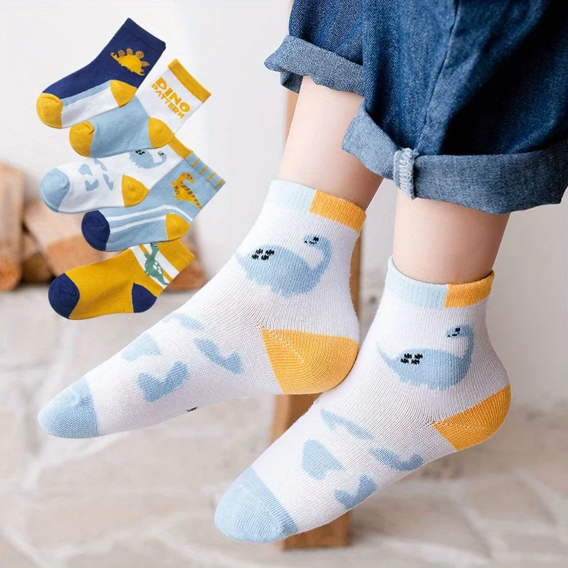 5 Pairs Kids Dinosaur Cotton Socks Boys Cute Cartoon Mid‑Calf Soft Breathable Children Socks