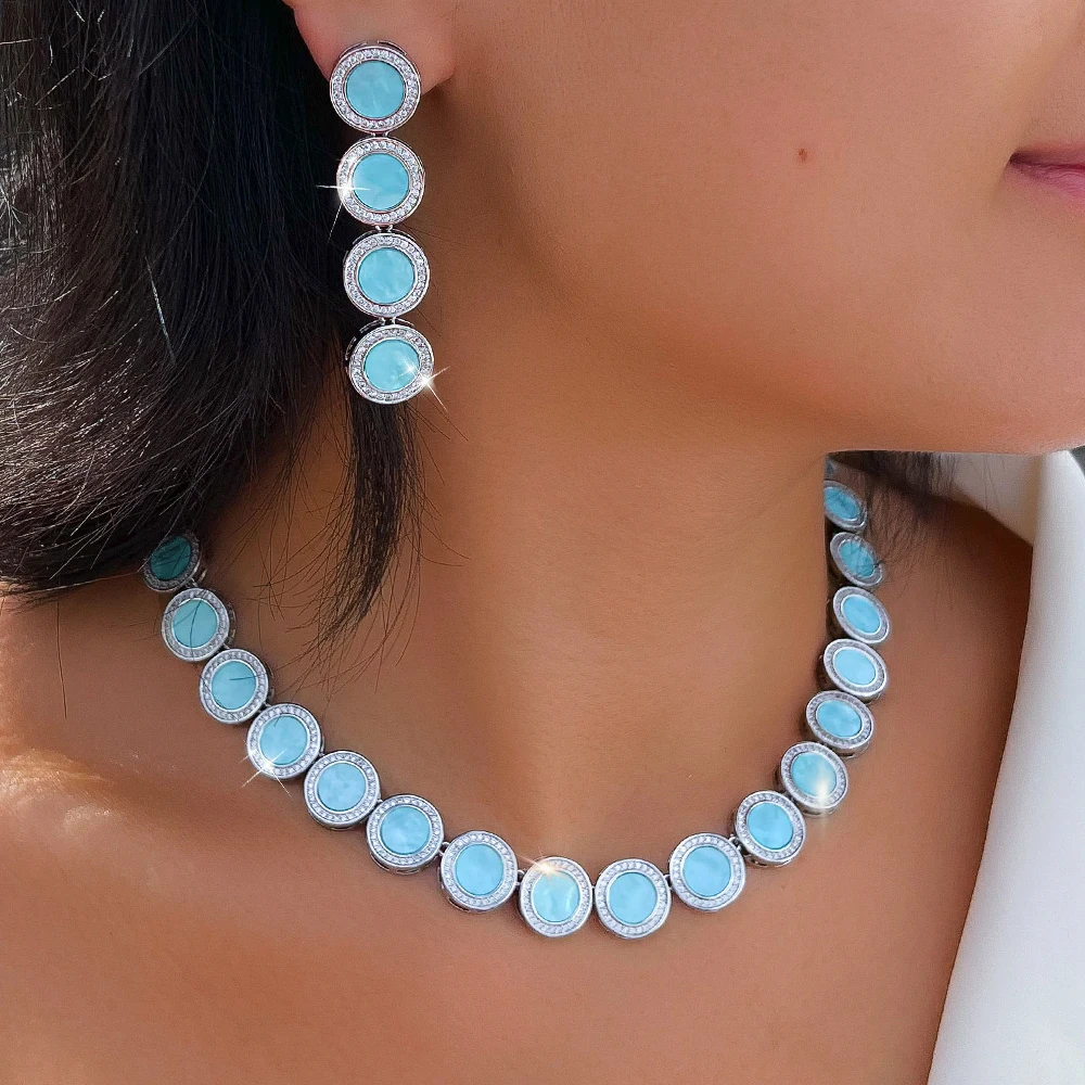

ThreeGraces Luxury Shiny Zirconia and Blue Round Enamel Wedding Bridal Party Earrings and Necklace Jewelry Set for Women T1229