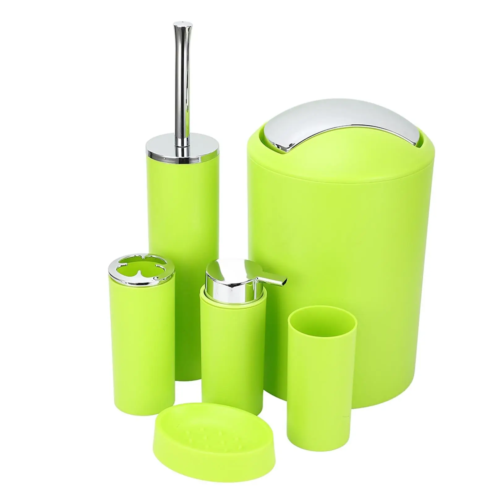 6Pcs Black Bathroom Set - Toothbrush Holder, Soap Dispenser, Tumbler, Toilet Brush & Bin - Green & White Accents