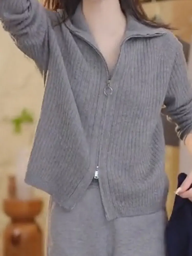 

2023 Korean Sle Autumn Winter Long Sve Knitted Cardigan Sweater Double Zipper Slim Fit Inner Wear High Waist Slimming