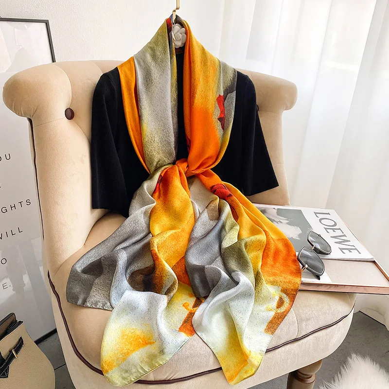 

180X90CM Bandannas Fashion Print Satin Long Silk Scarves Europe And America 2022 Beach Towel Four seasons Popular Flower Shawls