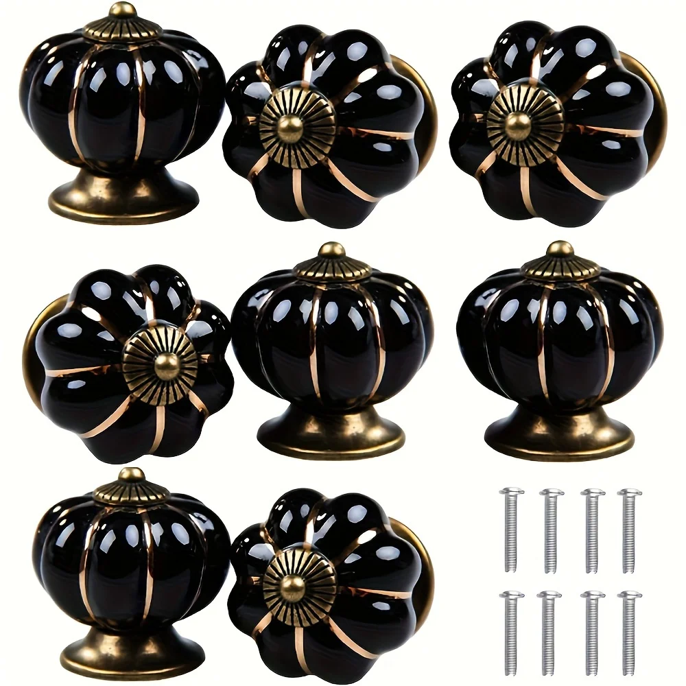 

8pcs Black Ceramic Pumpkin Cabinet Knobs - Vintage Pulls for Kitchen/Dresser, with Screws