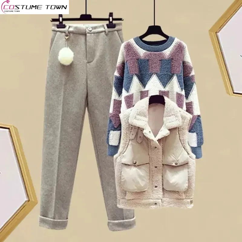 Autumn and Winter Fashion Women's Set New Loose and Thickened Sweater Women+Lamb Hair Vest+Wool Casual Pants Three Piece Set