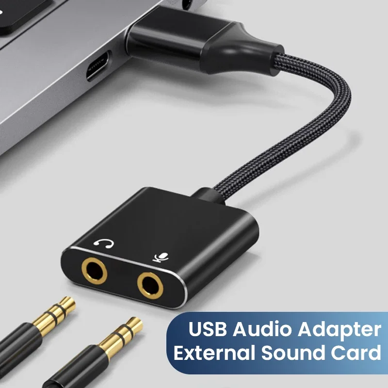 USB Sound Card Adapter - 3.5mm Headphone/Mic Jack - Braided Cable for Windows, Mac, Laptop Audio Enhancement