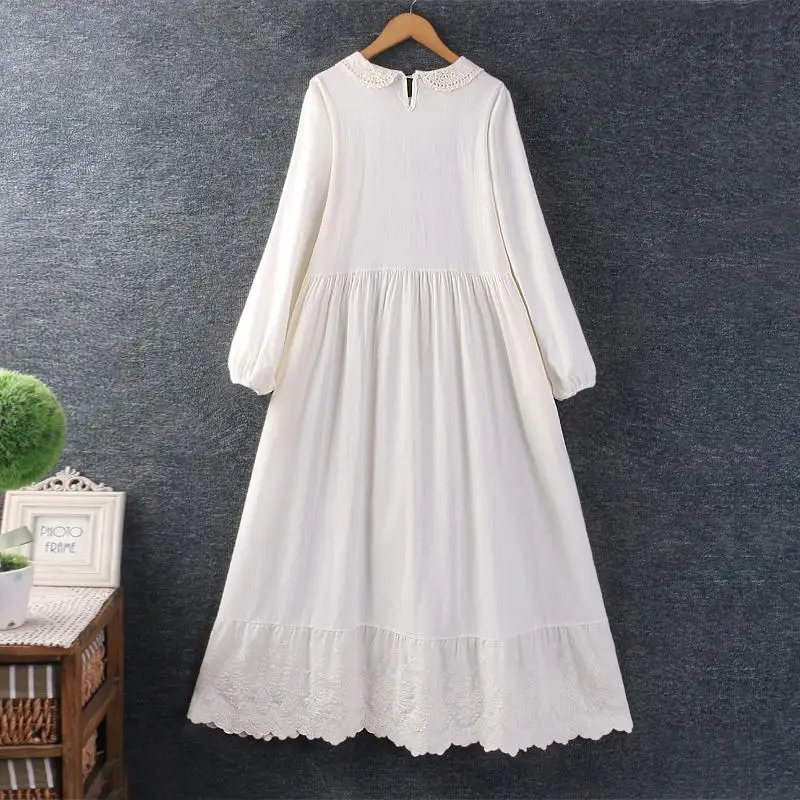 봄 신상 여성용 예술적 프레시 화이트 자수 긴팔 면 린넨 루즈핏 레이어드 롱 드레스 A라인 스커트