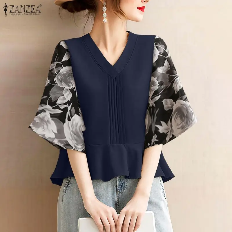 ZANZEA Summer Floral Patchwork Blouse Women Stylish Work Shirt Pleated Holiday Tops Femme Elegant V Neck 3/4 Sleeve Blusas Mujer