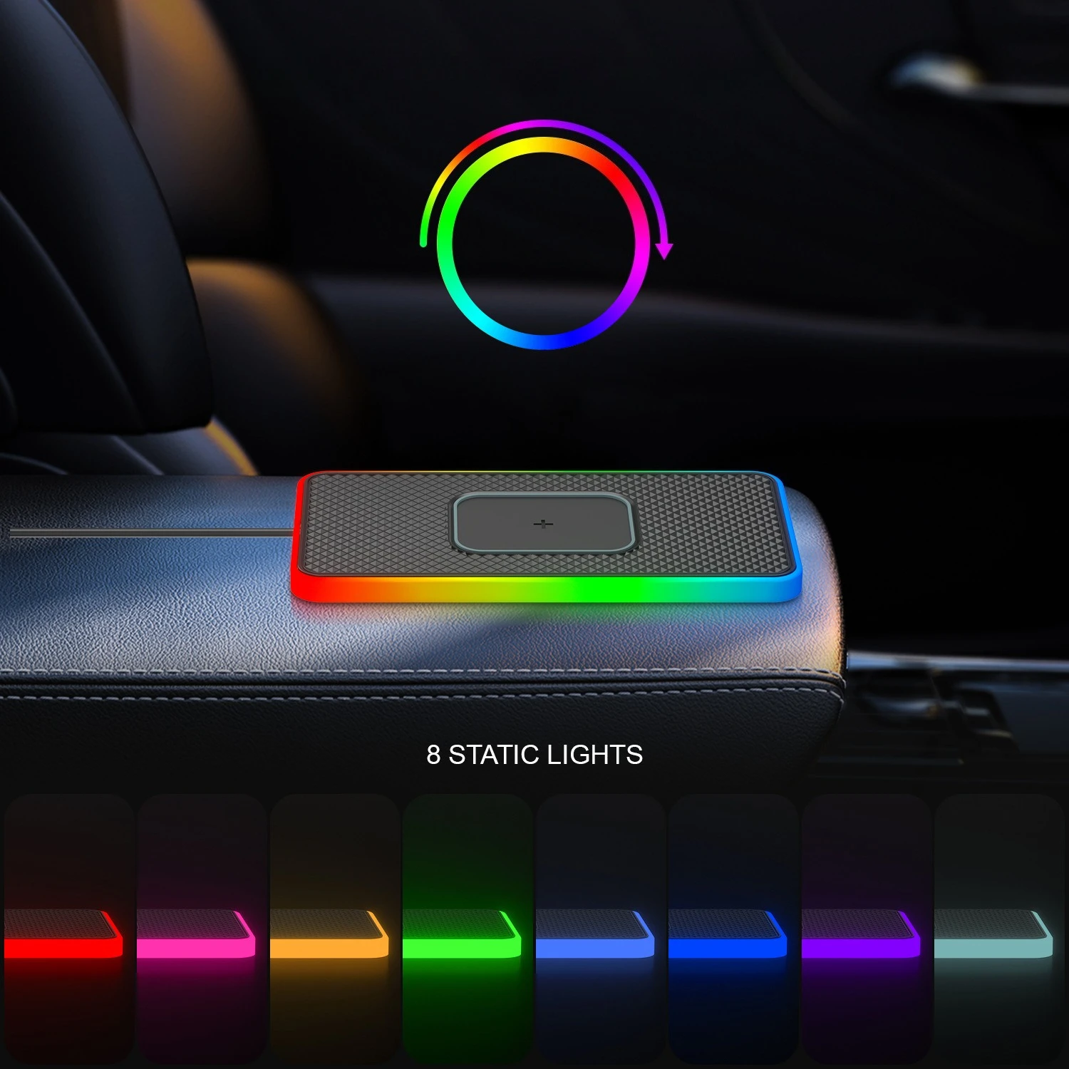 

15W Wireless Onboard Car Charging Pad with Atmosphere Lights Silicone Anti-skid Pad Charger for iPhone Samsung Xiaomi Huawei