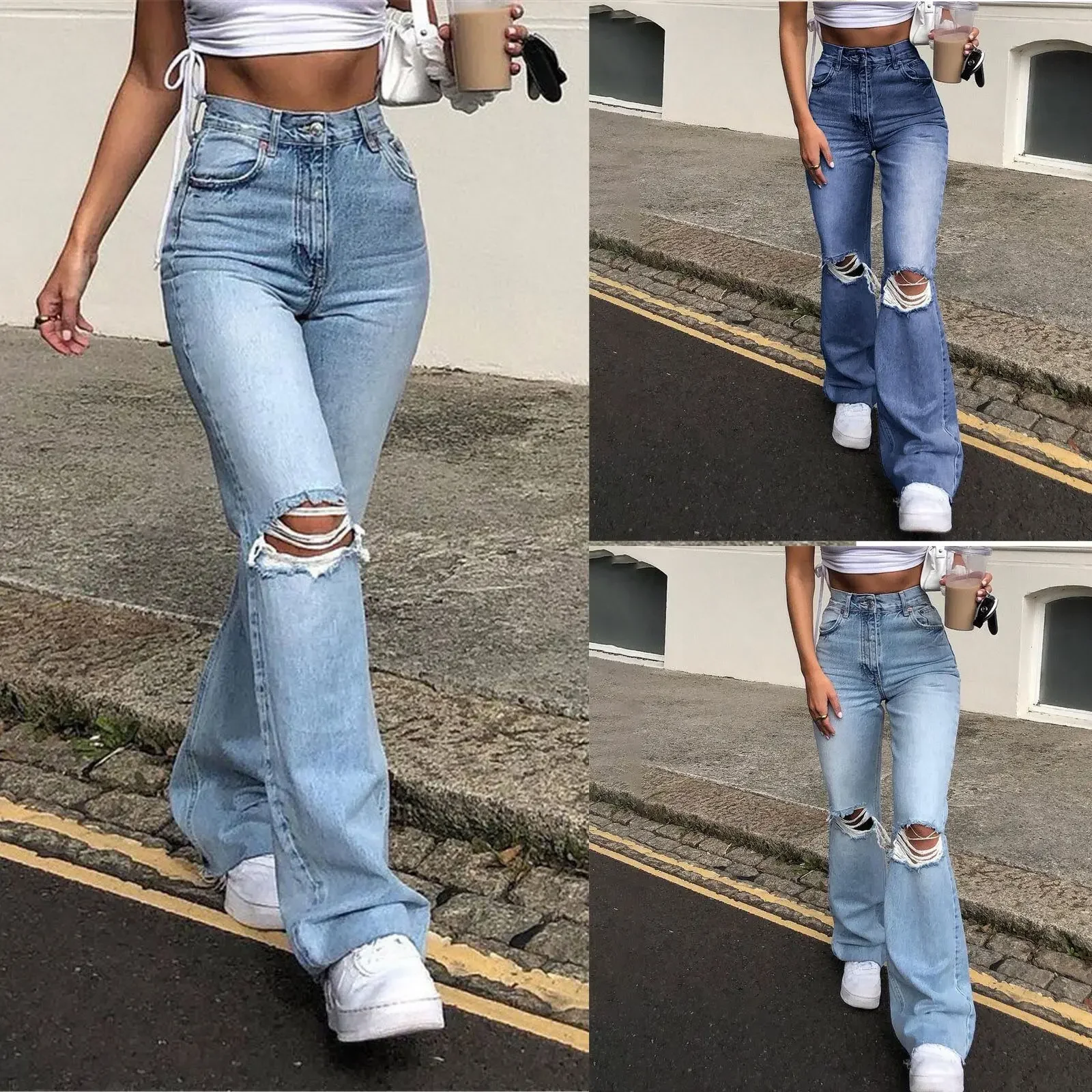 

High-waisted Retro Stretch Women Pants High Waist Straight Cylinder Wide Leg Jeans Winter Edition New Style Ripped Bell Bottoms