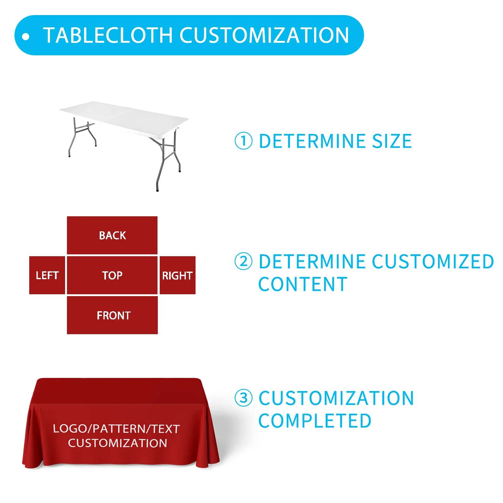 Personalized custom polyester tablecloth, capable of printing logos/images/text, 4ft, 6ft, 8ft