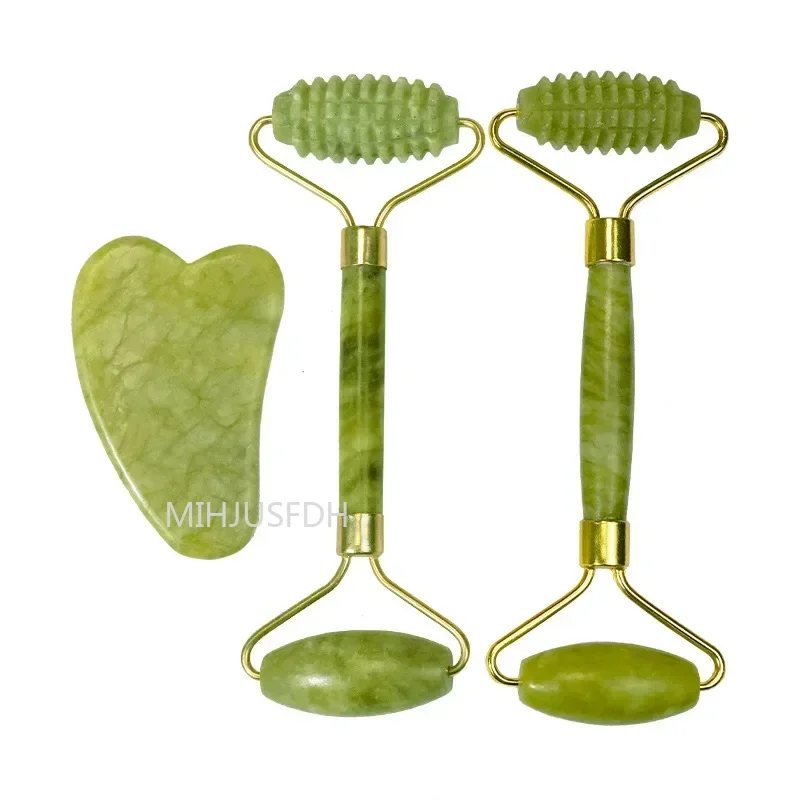 Massageador de rolo de jade natural para rosto, corpo, costas, pés, massagem, levantamento facial, anti-rugas, dupla extremidade, gua sha jade pedra