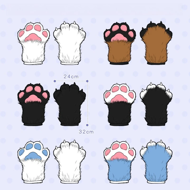 Fluffy Animal Paw Gloves Long Faux Fur Heart Pink Paw Pads Fursuit Cosplay Accessories Cat Wolf Fox Hand Paws Anime Prop