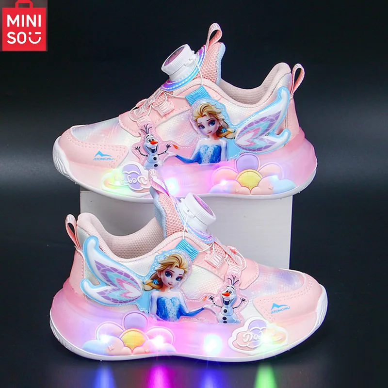 

Кроссовки принцессы Эльзы Miniso Girls Light Up 2025, спортивная обувь из дышащей кожи для бега и игр