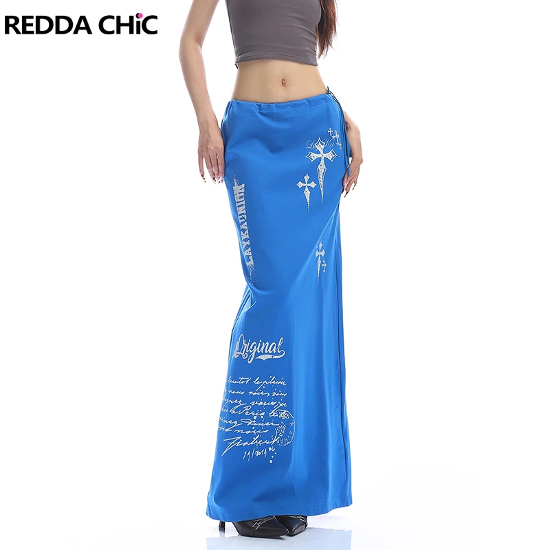 

REDDACHiC Distressed Print Sweat Skirt with Pockets Slit Drawstring Waist Straight Maxi Long Graphic Skirt Vintage Women Bottoms