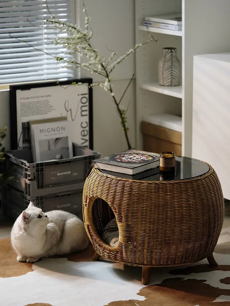 Indonesian rattan woven coffee table, circular cat's nest, simple modern small round table, European style low table, small