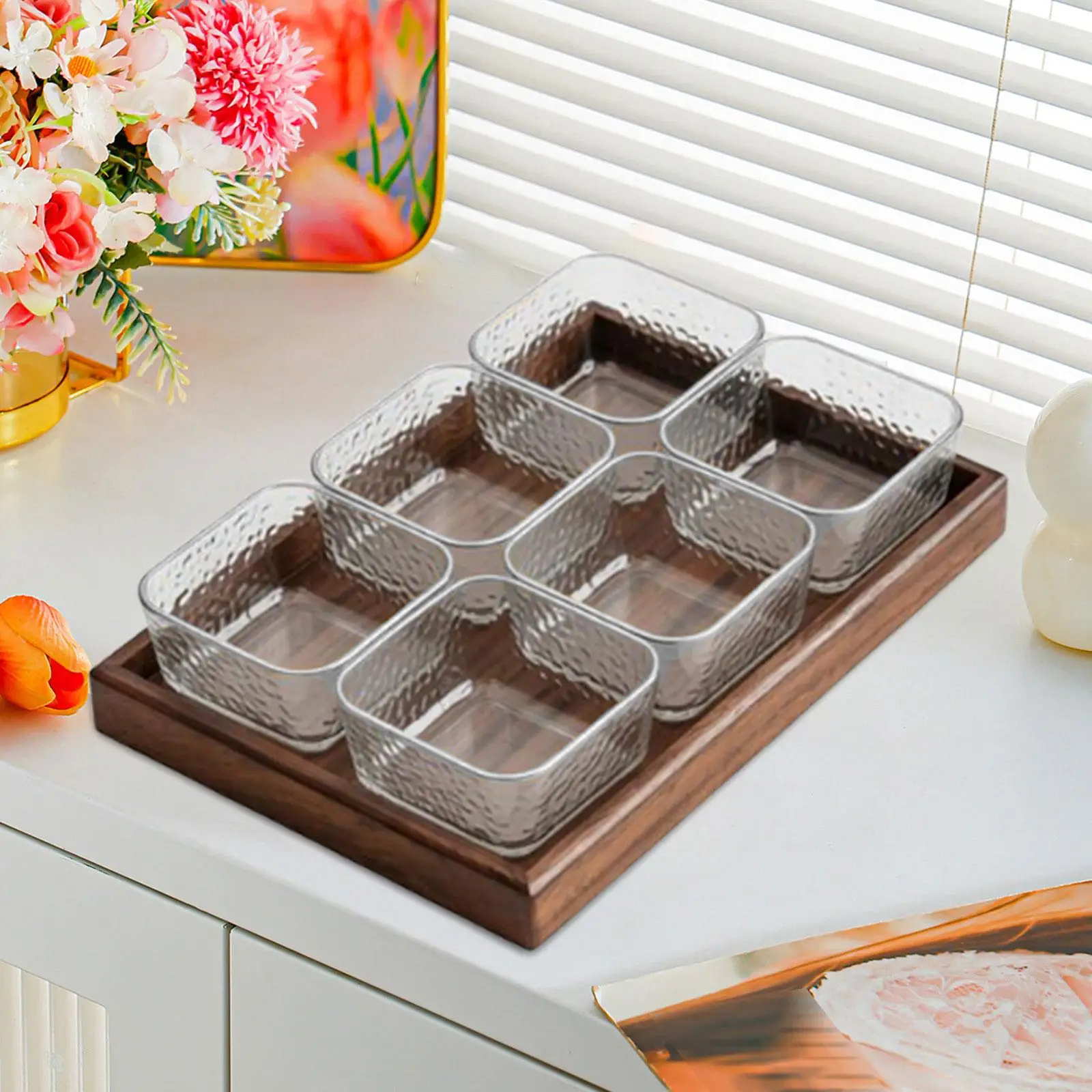 Luxury Divided Serving Tray Glass Wood Multipurpose Organizer for Snacks Berries Tray Dried Fruit Dining Table