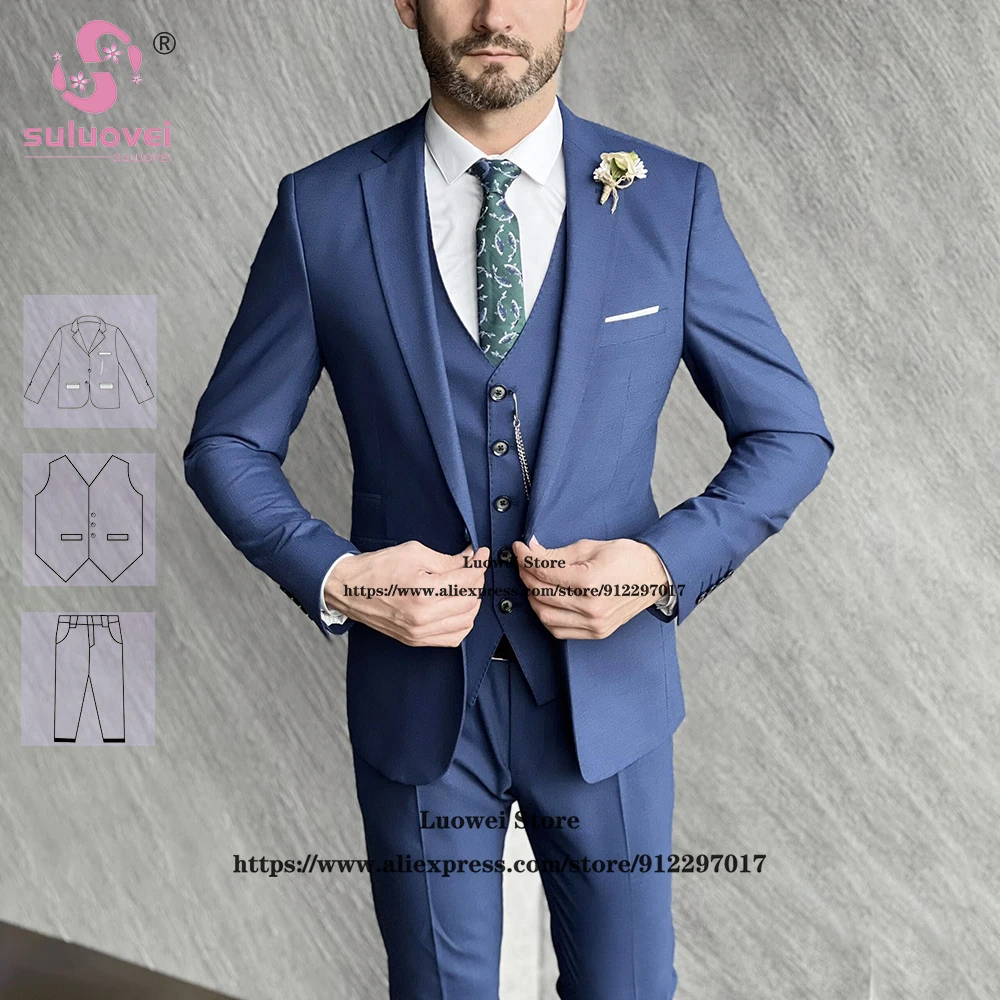 

Fashion Blue Slim Fit Suits For Men Elegant 3 Piece Jacket Vest Pants Set Formal Groom Wedding Tuxedos Trajes De Hombre Elegant