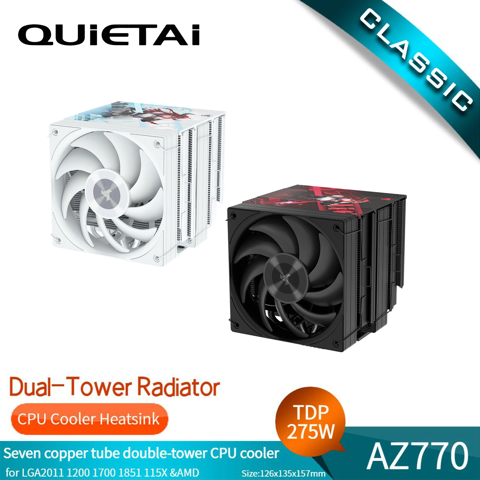 QUIETAI AZ-770 CPU Cooler 7 Heat Pipes Air Cooling Mode Compatible with AMD Intel LGA 2066 2011 1700 1851