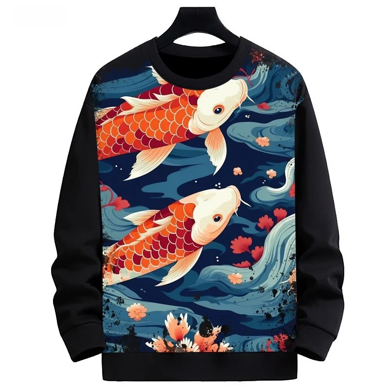 Sweater Pria Longgar Berlapis Fce dengan Pola Ikan Mas Cetak Digital, Gaya Kasual Bisnis Musim Dingin, Serat Poliester