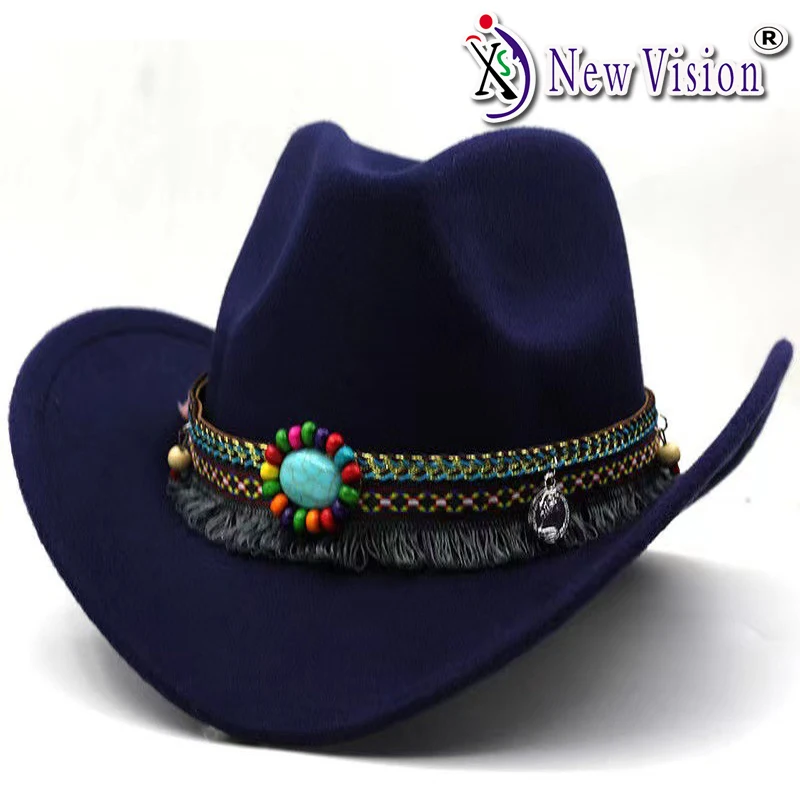 UNISEX Big Bent Brimmed Formal Jazz Top Hat with Leather Belt Sun Protection Cowboy Cap British Ethnic Style Turquoise Decorated