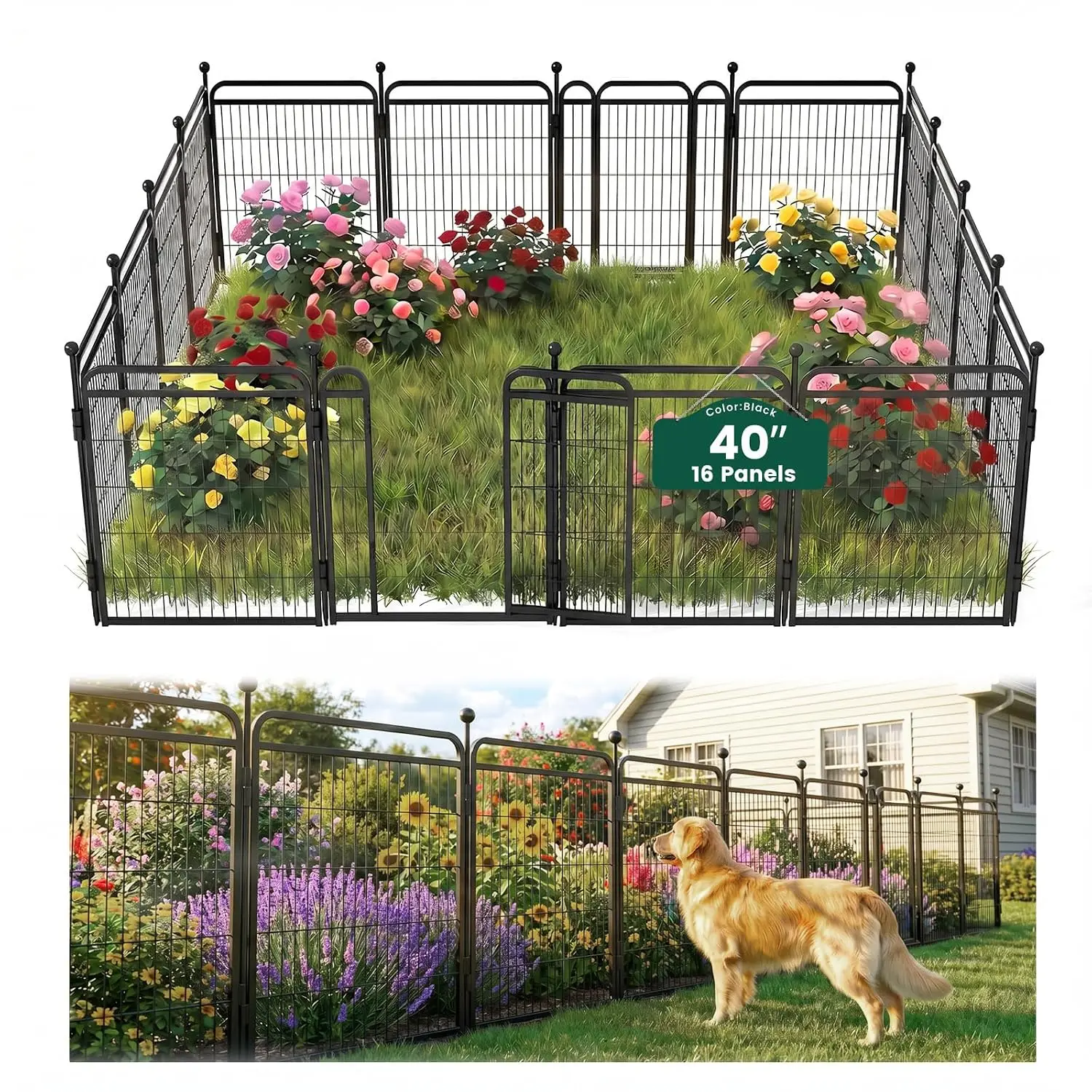 40in Iron Garden Fence with 2 Auto-Lock Gates, 16 Panels 34.7ft Metal Animal Barrier for Yard Patio Flower Bed, Customized