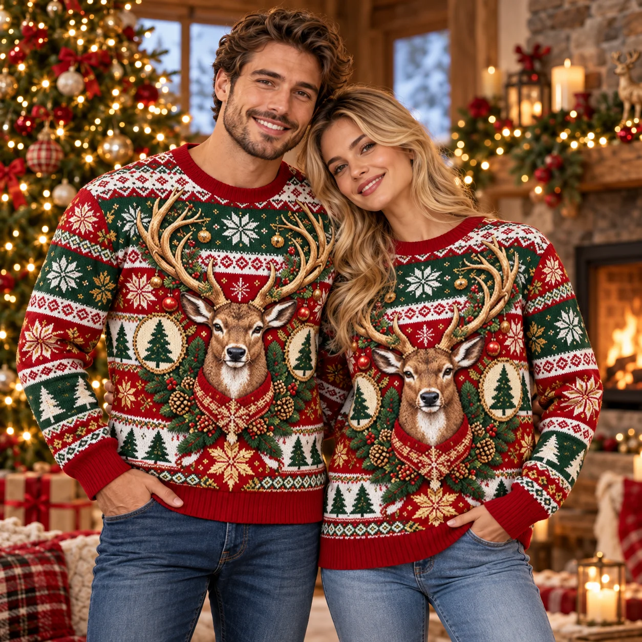 Ugly Christmas Men Sweater Reindeer Snow Forest 3D Graphic Print Men Women Fair Isle Xmas Long Sleeve Crewneck Winter Pullover