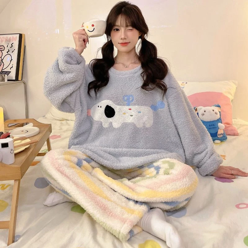 2024 Winter Long Sleeve Thick Warm Flannel Pajama Sets for Women Cute Cartoon Coral Velvet Sleepwear Suit Homewear Home Clothes image 2