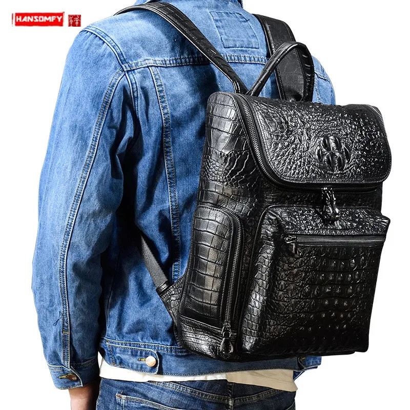 

Men's Korean Backpack Crocodile Pattern Leather Shoulder Bag First Layer Cowhide Travel Bag Male Student Schoolbag Backpacks