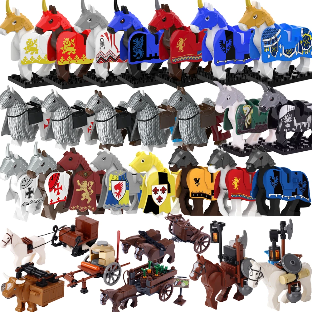 Medieval MOC Castle Soldier Figures Building Blocks Mount White Lion Armor War Horse Carriage Transport Ox Dragon Toys Gift K149