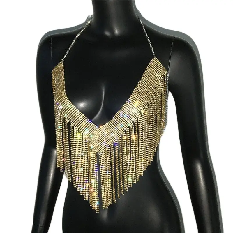 Sexy Backless Off Shoulder Shiny Crystal Crop Tops Luxe Glitter Rhinestone Tassel Hollow Out Solid V-hals Vrouwen Tank Tops 2022