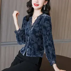 Women Blouse High-end Gold Velvet Jacket 2023 New Lace V-colorant Small Shirt Long-sleeved Foreign Slimming Small Shirt Clothing