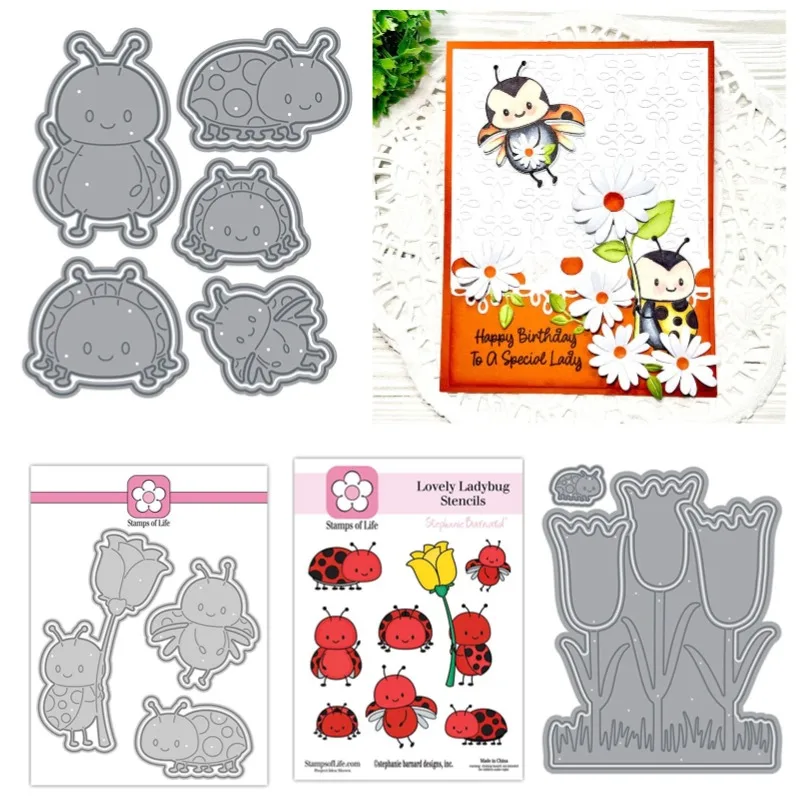 Animal Metal Cutting Ladybugs Shaped Flowers Dies Silicone Stamps Scrapbooking Stencil Photo Album Card DIY Paper Embos