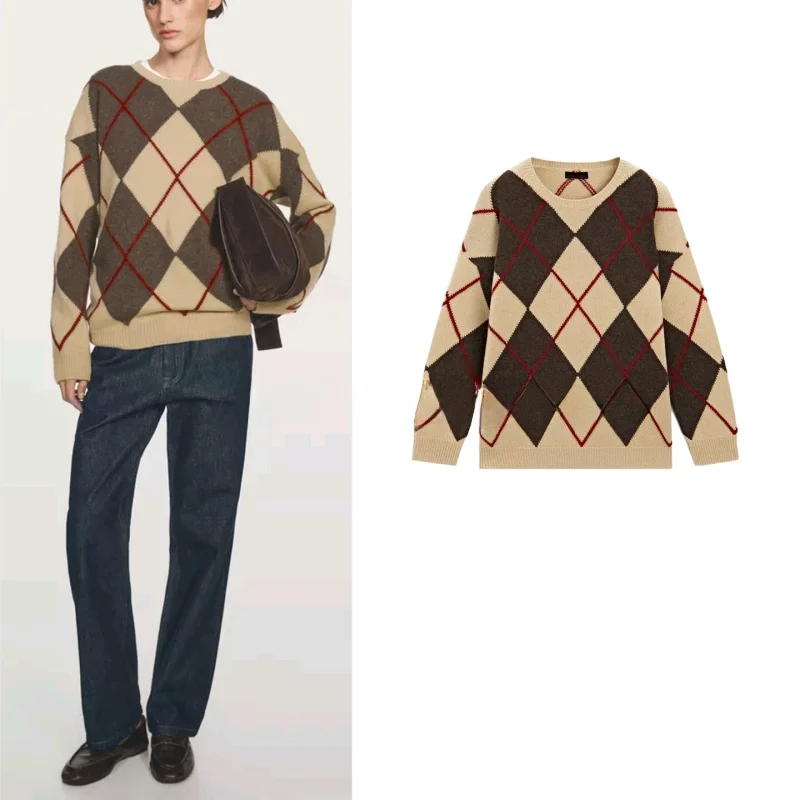 

Мягкий круглый вязаный свитер Ne Long Sve в стиле ретро с геометрическим узором, осень-зима, Новое поступление, женское модное полиэфирное волокно