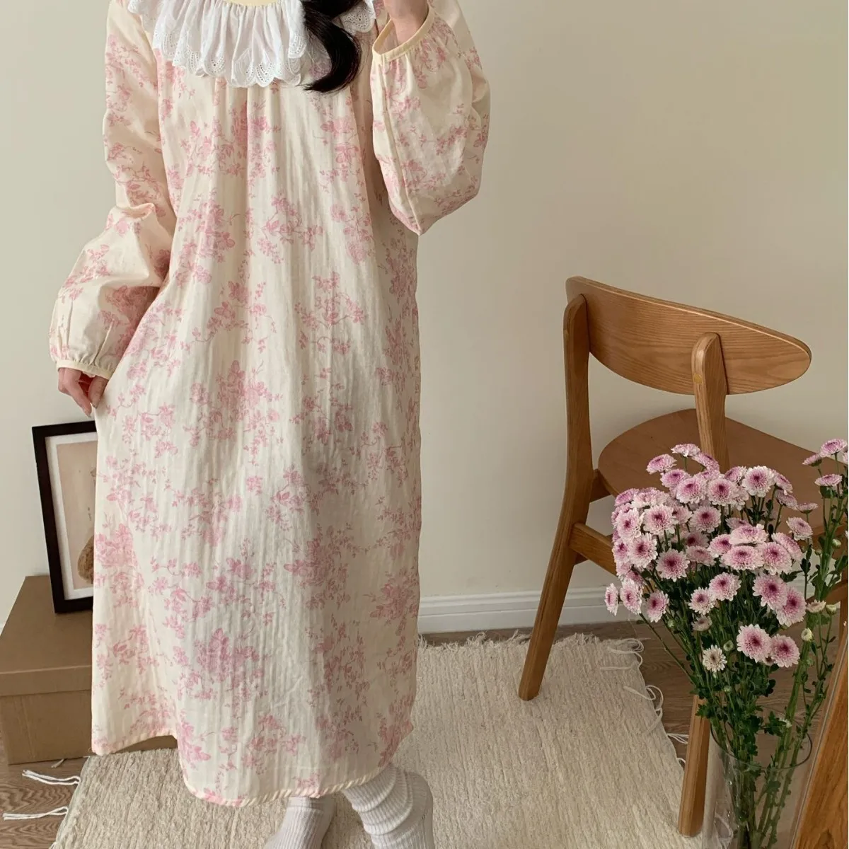 Rose Women Nightgown Lace Round Neck Sleepwear Korean Style Nightwear Spring Long Sleeve Sleeping One Piece Pajamas Night Dress