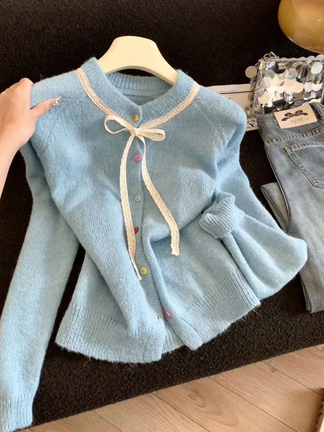 Women's Autumn Winter round Neck Long Sleeve Casual Sweater Y2K Bow Tie High Street Fashion Cute Retro Top Warm Sweater Clothes