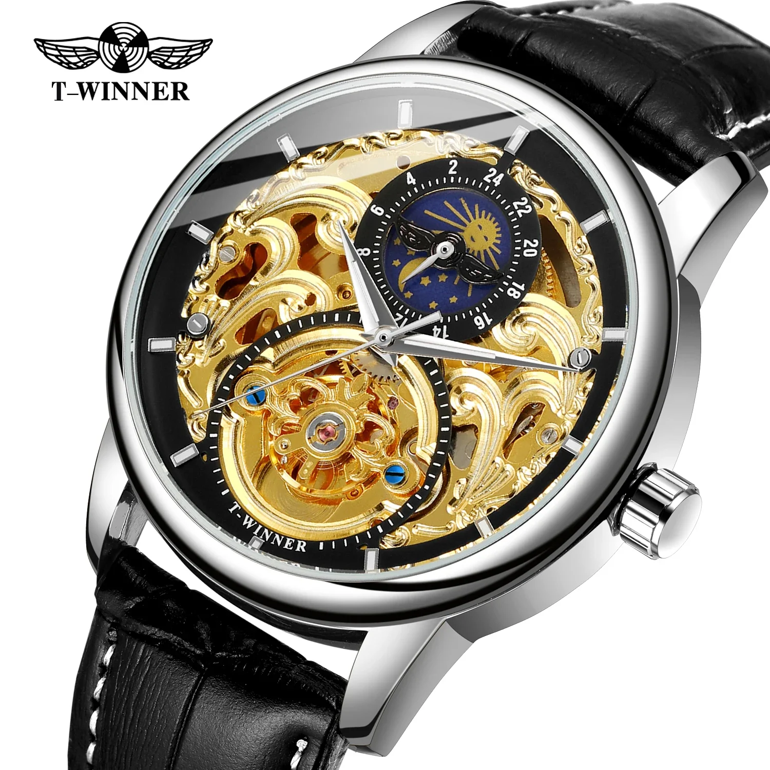 Mechanical Watch Men Moon Phase Carved Skeleton Dial Mens Watches Luxury Brand Design Fashion Wrist Watch For Men Leather Band