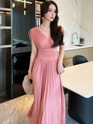 French Holiday Maxi Dress Women Elegant Sweet Black Pink Low Cut Corset Backless Swing Pleated Robe Party Street Beach Vestidos