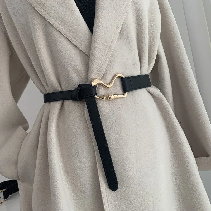 No-hole Knotted Belt Vintage PU Leather Waistband Solid Color Vintage Decorative Belts Thin Dress Girdle For Women