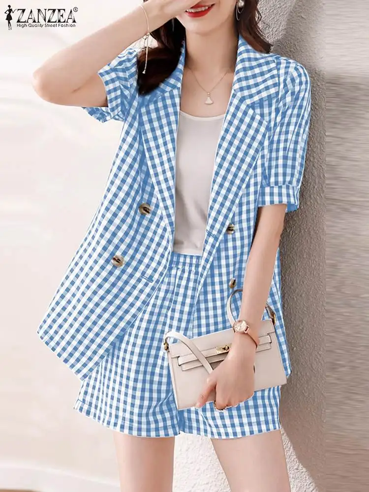 

Elegant Women OL Work Short Sets 2PCS Fashion Short Sleeve Shirt Lapel Neck Pant Suit ZANZEA Summer Grid Printed Tracksuits